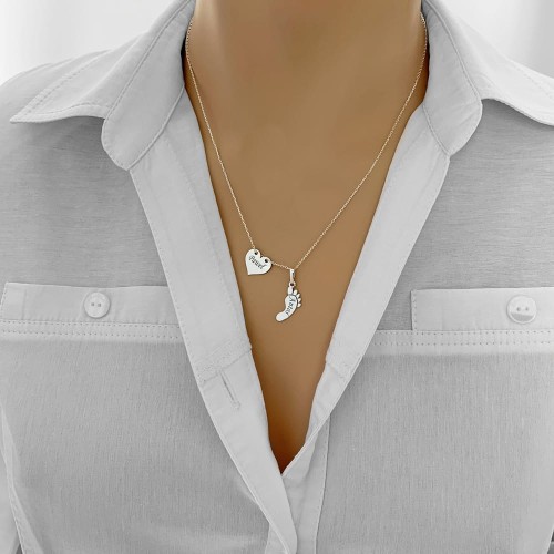 Srebrny Naszyjnik Celebrytka Serce Stópka Dla Mamy Próba 925