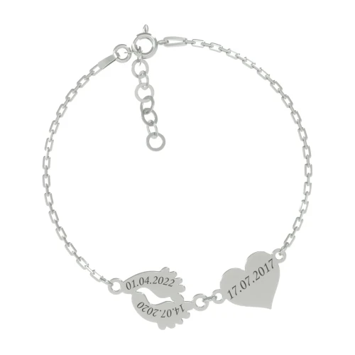 Srebrna Bransoletka Stópki Serce Grawer Próba 925 - tył