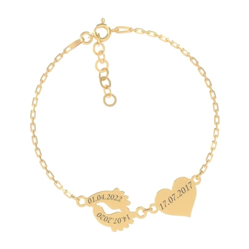 Pozłacana Bransoletka Stópki Serce Grawer Próba 925 - tył