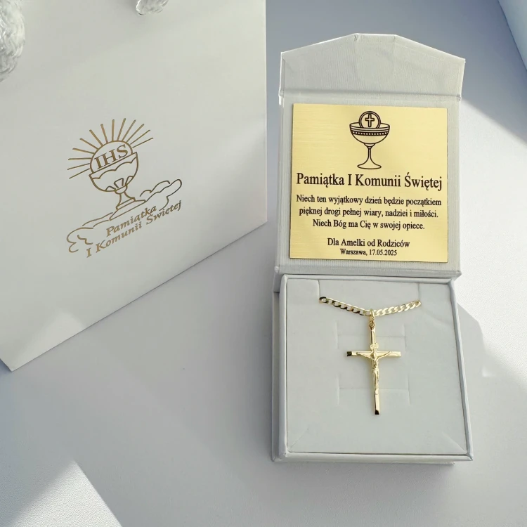 Złoty Krzyżyk Duży z Jezuskiem Zawieszka Próba 585-w-opakowaniu.webp
