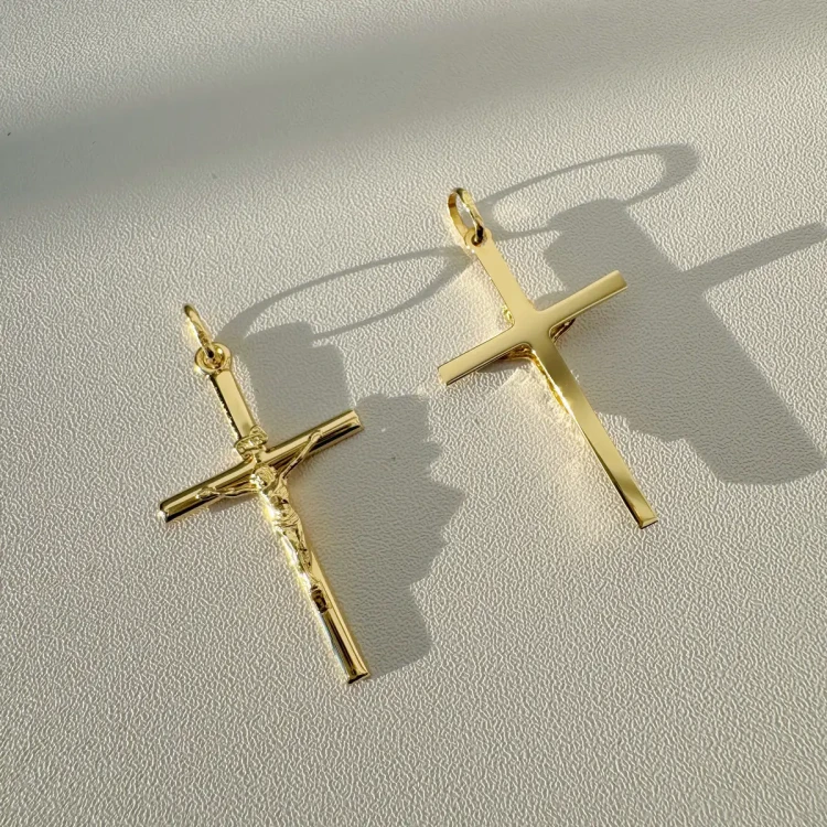 Złoty Krzyżyk Duży z Jezuskiem Zawieszka Próba 585 - przód i tył 2.webp